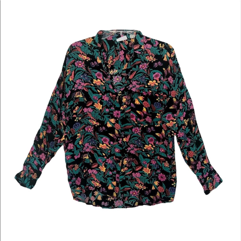 VINTAGE Floral Butterfly Vibrant Black Rayon Collared Button Up Blouse Shirt